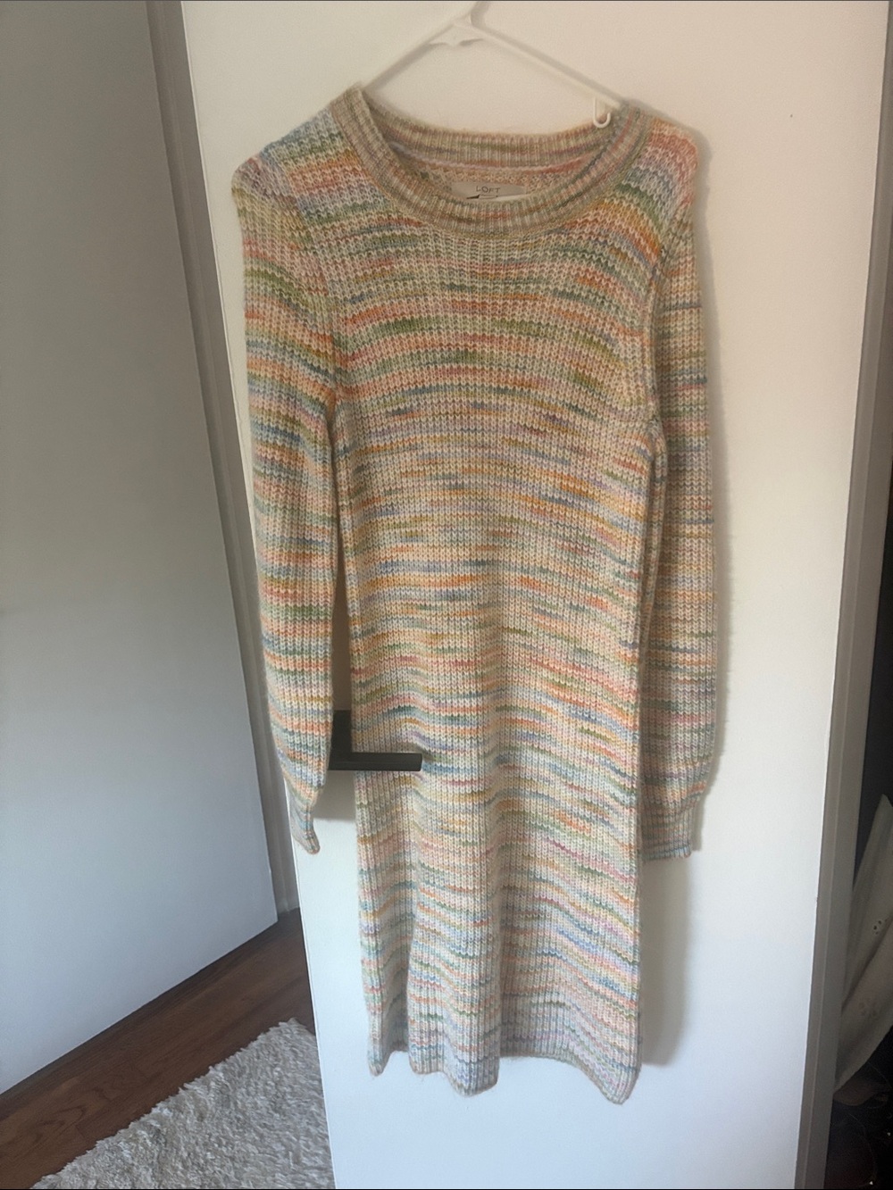LOFT Cream Multicolor Stripe Knit Long-Sleeve Dress